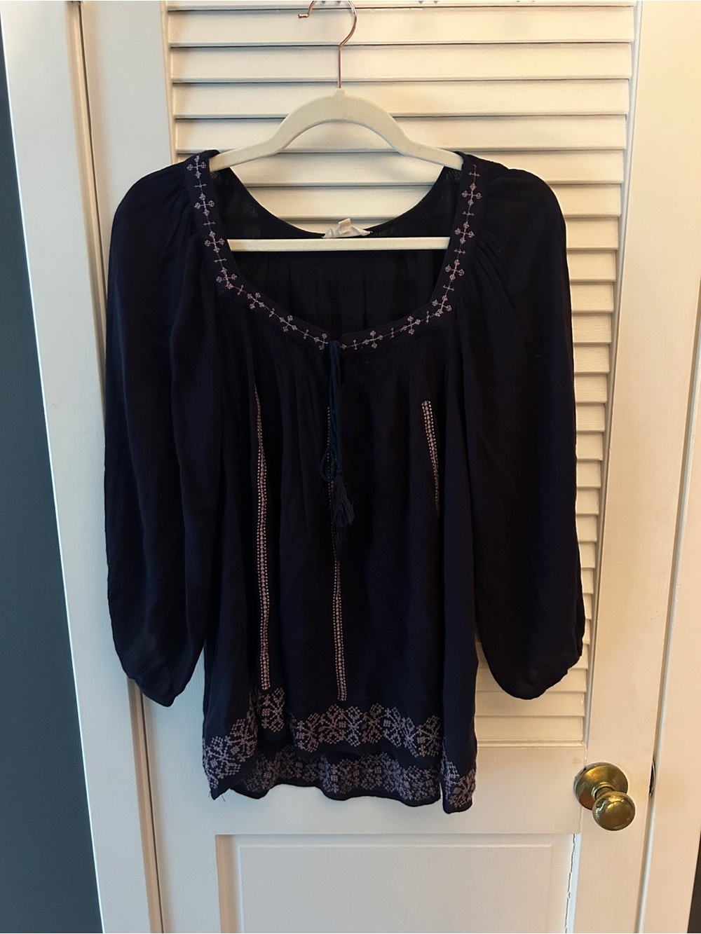 Women’s Navy Embroidered Peasant Blouse